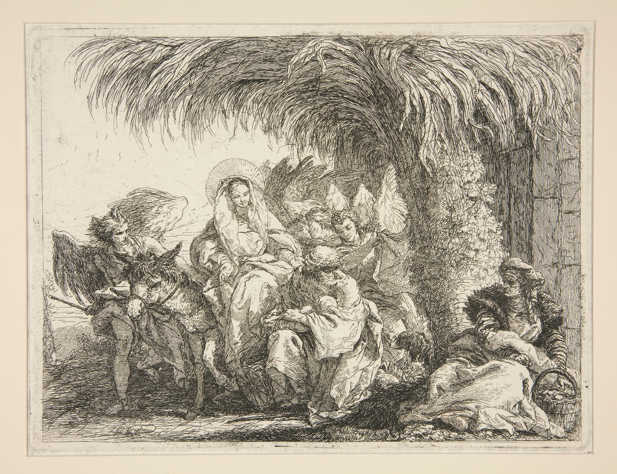 Święta Rodzina pod palmą, z cyklu Idee pittoresche sopra la fuga in Egitto (Ucieczka do Egiptu) autorstwa Giovanni Domenico Tiepolo