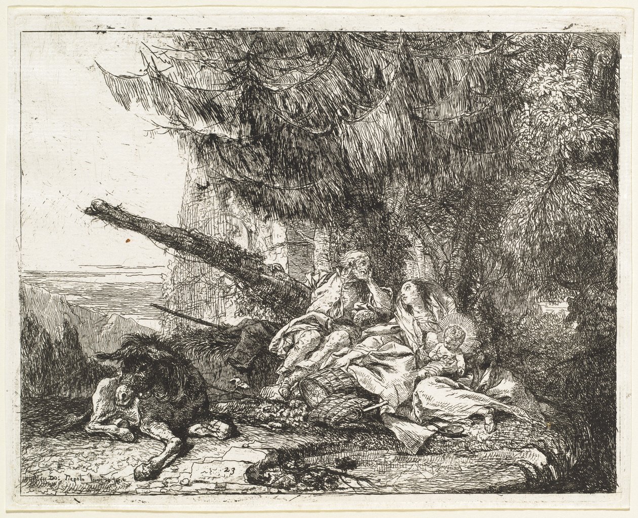 Odpoczynek w locie ze Świętą Rodziną pod drzewem autorstwa Giovanni Domenico Tiepolo