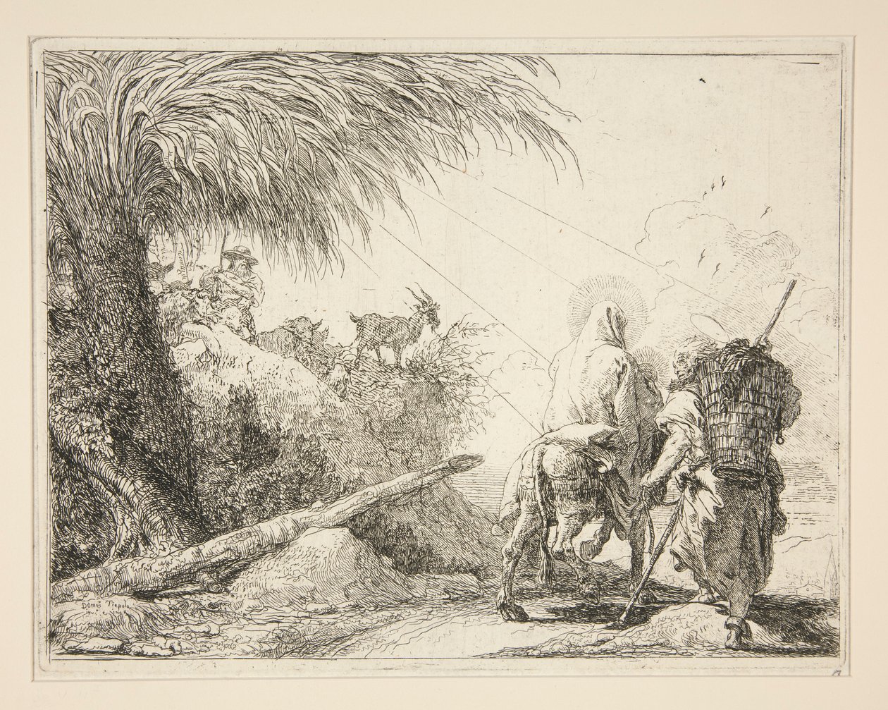 Dziewica na ośle widziana od tyłu, z cyklu Idee pittoresche sopra la fuga in Egitto (Ucieczka do Egiptu) autorstwa Giovanni Domenico Tiepolo
