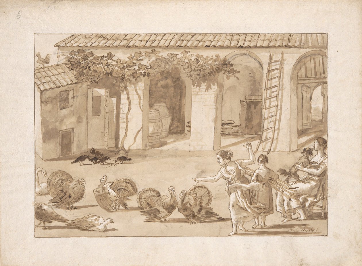 Indyki na weneckim podwórzu, trzeci rysunek w Tiepolo autorstwa Giovanni Domenico Tiepolo