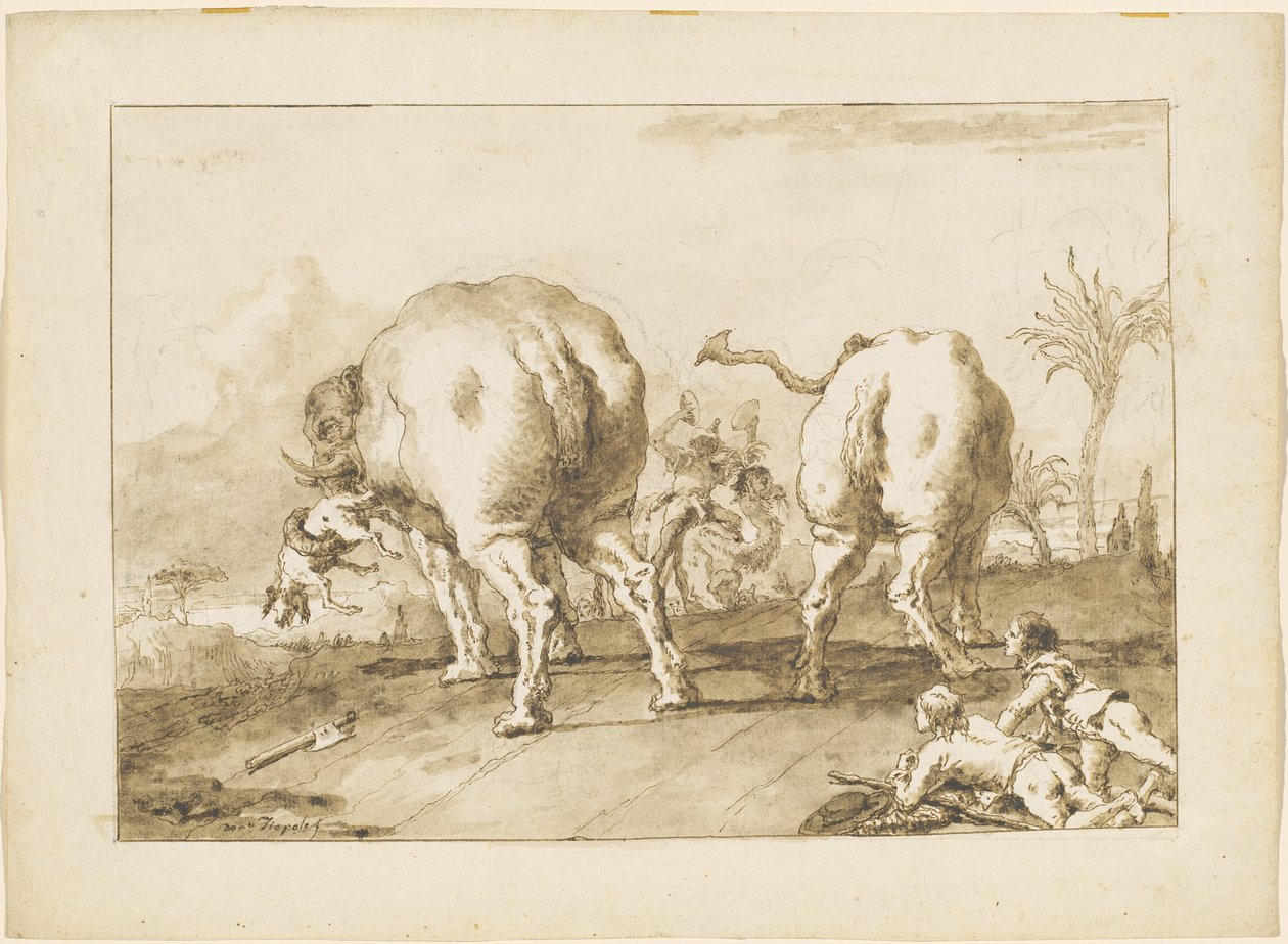 Dwa szalejące słonie autorstwa Giovanni Domenico Tiepolo