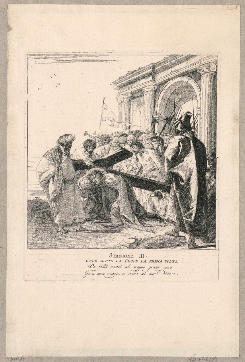 Via crucis – stacja III, pierwszy raz upada pod krzyżem autorstwa Giovanni Domenico Tiepolo