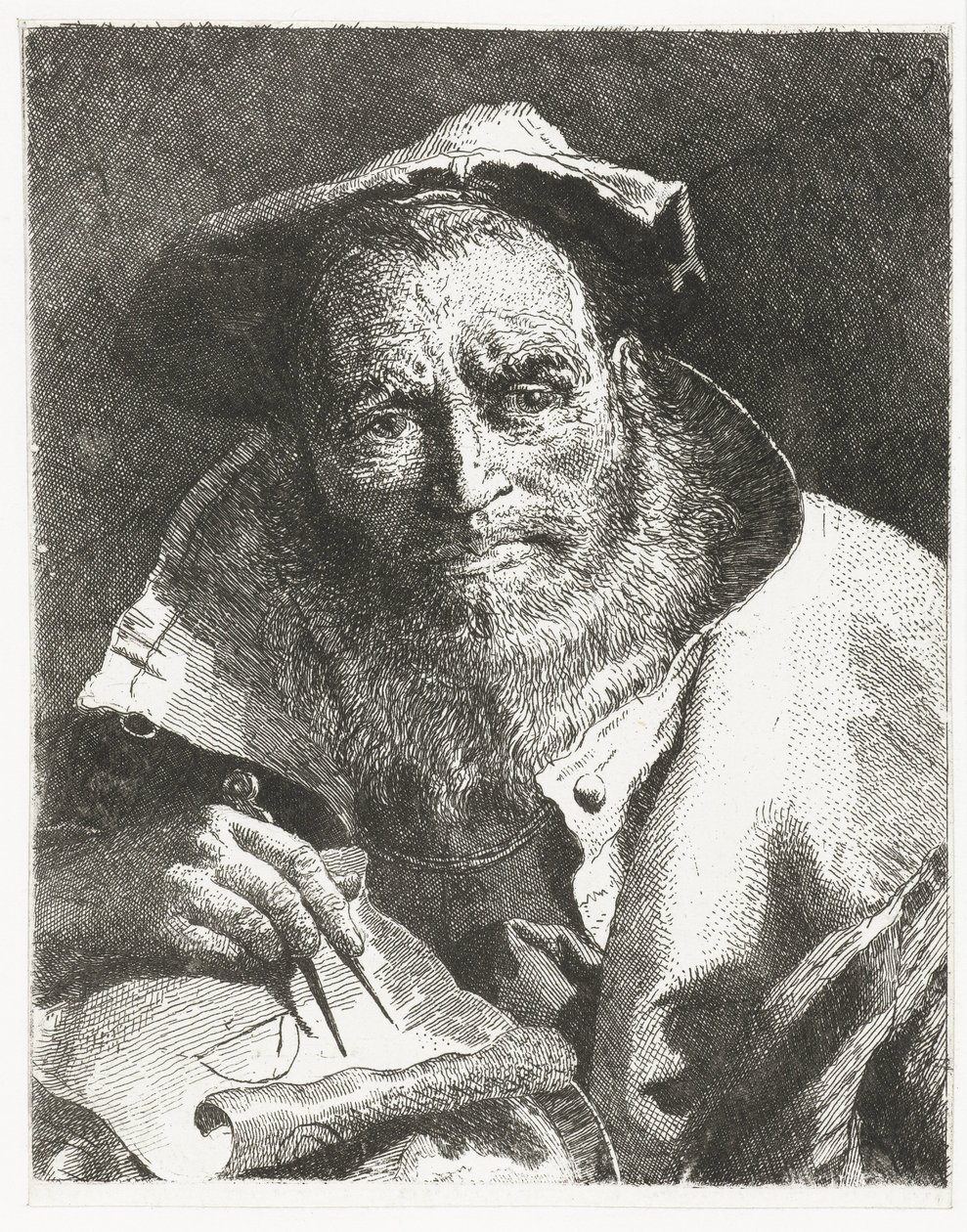 Naukowiec z beretem na głowie i kompasem w ręku Kolekcja głów (tytuł serii) Raccolta di Teste (tytuł serii) autorstwa Giovanni Domenico Tiepolo