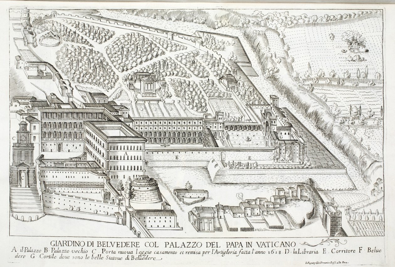 Widok na ogrody Belvedere w Pałacu Papieskim, Watykan autorstwa Giovanni Domenico de
