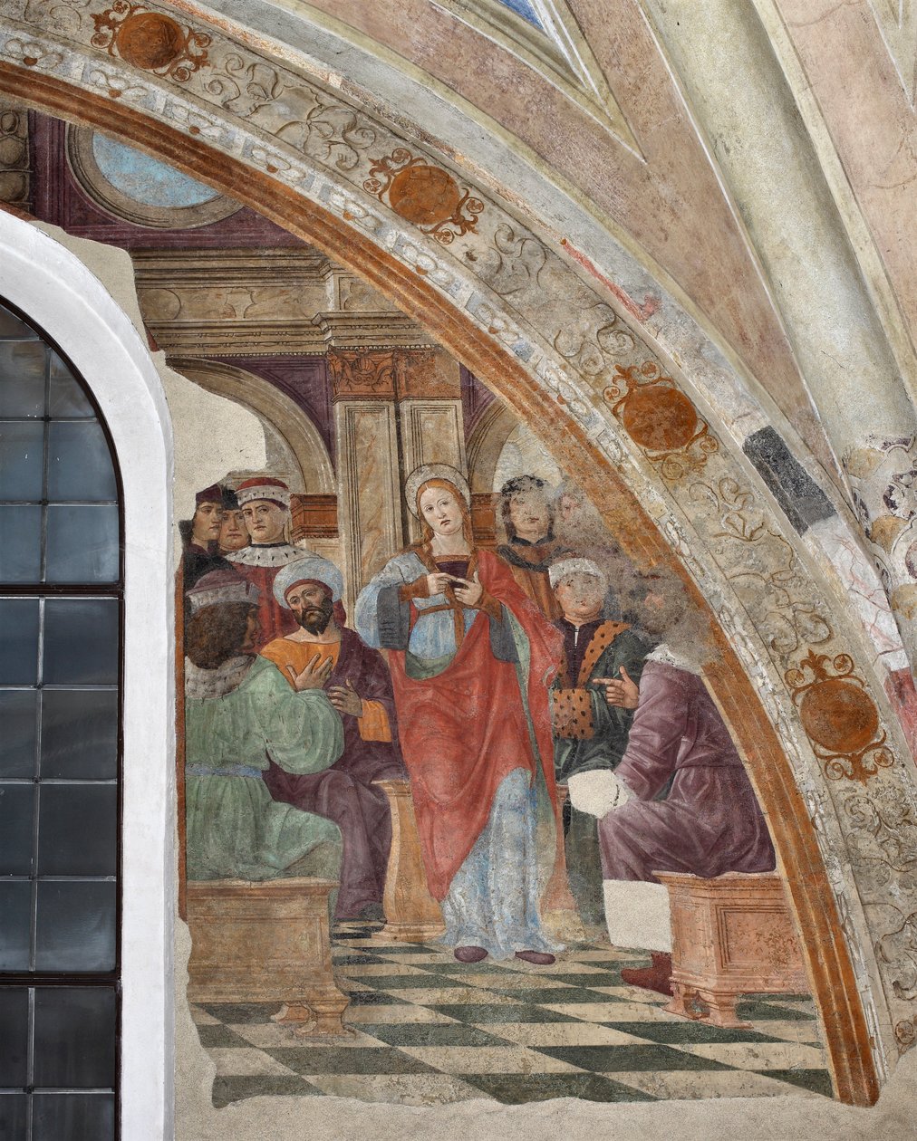 Reprezentacja sporu między św Katarzyną Aleksandryjską a poganami Frescoe autorstwa Giovanniego Donato da Montorfano (1460-1502) Mediolan, bazylika Santa Maria delle Grazie autorstwa Giovanni Donato Montorfano