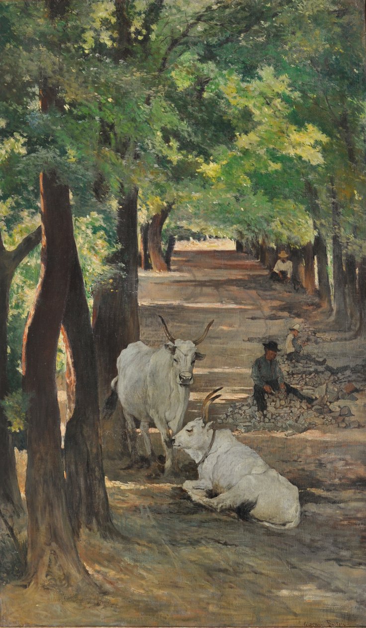 Aleja z wołami i łamaczami kamieni, ok. 1875 (olej na płótnie) autorstwa Giovanni Fattori