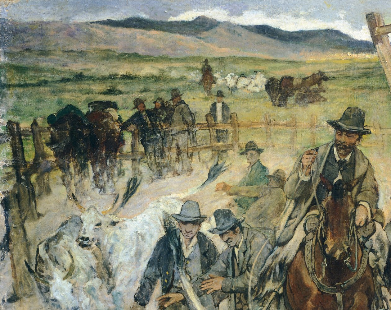 Znakowanie młodych byków w Maremma, ok. 1887, Giovanni Fattori (1825-1908), 86x172 cm, Szczegół autorstwa Giovanni Fattori