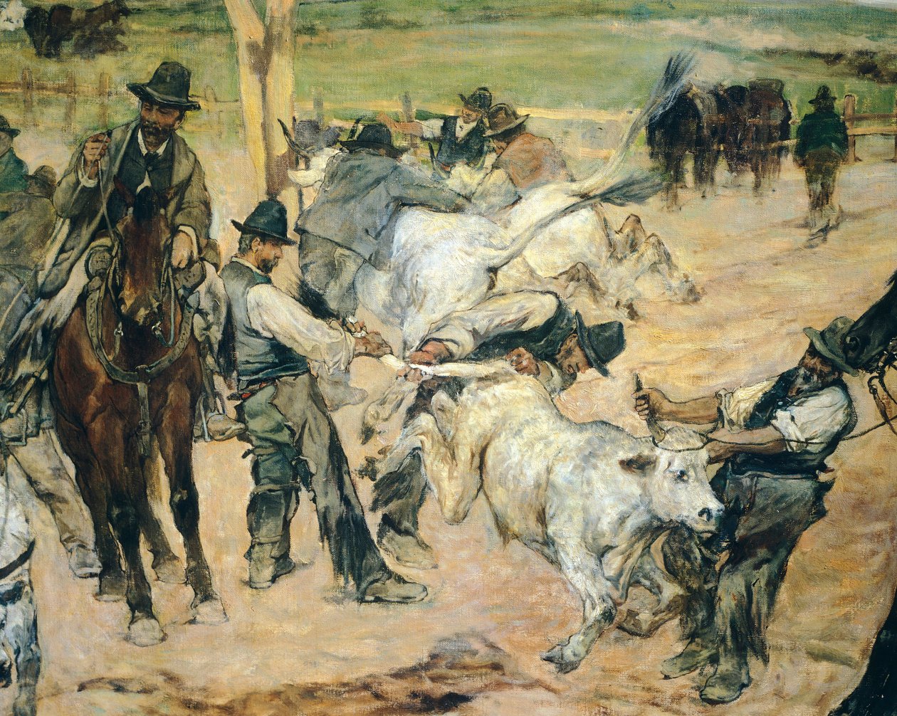 Znakowanie młodych byków w Maremma, ok. 1887, Giovanni Fattori (1825-1908), 86x172 cm, Szczegół autorstwa Giovanni Fattori