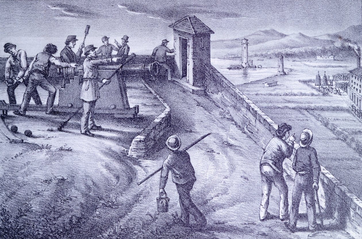 Obrona Livorno z Fort San Pietro, Giovanni Fattori (1825-1908), grawerowanie autorstwa Giovanni Fattori