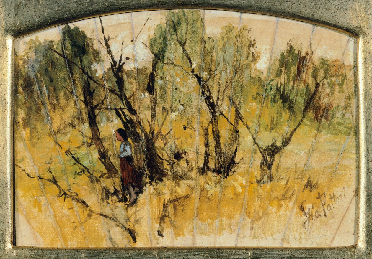Las z postacią, studium wachlarza, reż. Giovanni Fattori, olej, papier, płótno autorstwa Giovanni Fattori