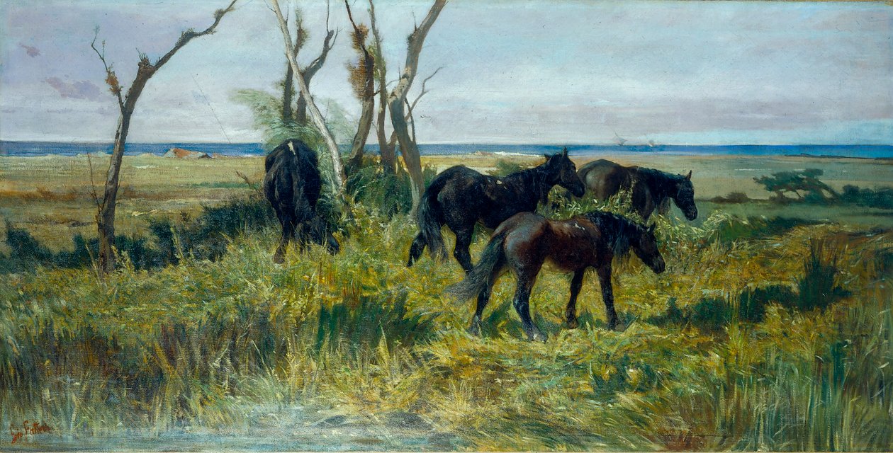 Pastwisko Maremma. Pasące się konie, ok. 1872 (olej na płótnie) autorstwa Giovanni Fattori