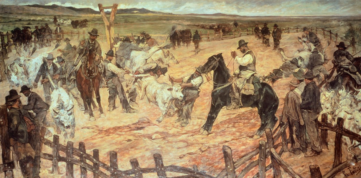 Znakowanie młodych byków w Maremmie – Giovanni Fattori (1825-1908), olej na płótnie, 885 cm x175 autorstwa Giovanni Fattori