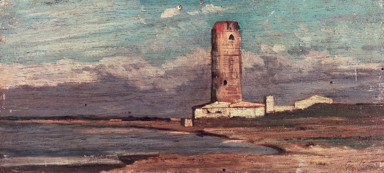 Wieża Marzocco lub Czerwona Wieża Giovanniego Fattoriego (1825-1908), olej na desce autorstwa Giovanni Fattori