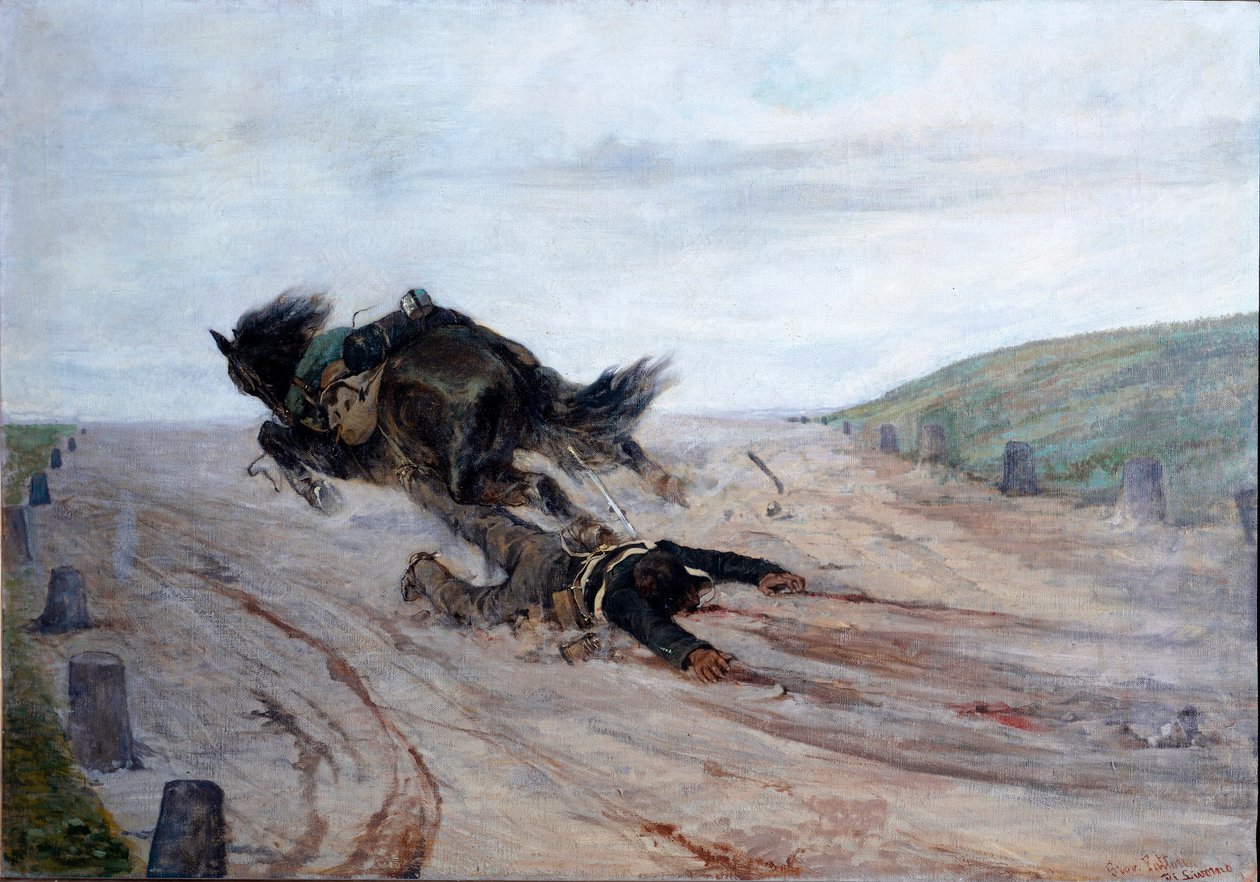 Stopa na koniu Koń upada. Obraz Giovanniego Fattori (1825-1908) 1878-1879 Wym.90x130 cm Florencja, Galeria Sztuki Współczesnej autorstwa Giovanni Fattori
