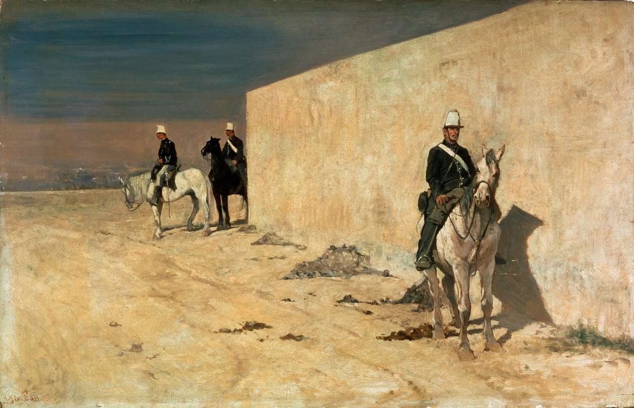 Punkt obserwacyjny (Biała ściana) Jeźdźcy stojący na straży przed białą ścianą na pustyni. Obraz Giovanniego Fattoriego (1825-1908) autorstwa Giovanni Fattori