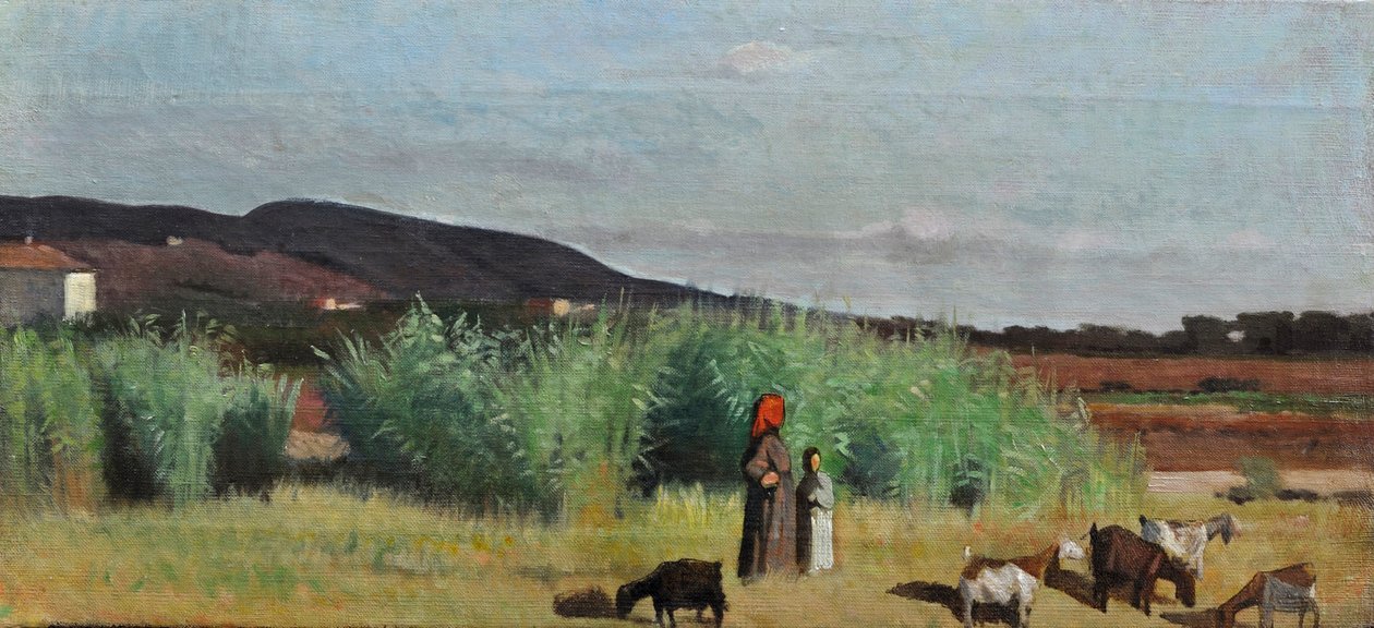 Dwie wieśniaczki z trzodą na wsi w Livorno, ok. 1865 (olej na płótnie) autorstwa Giovanni Fattori