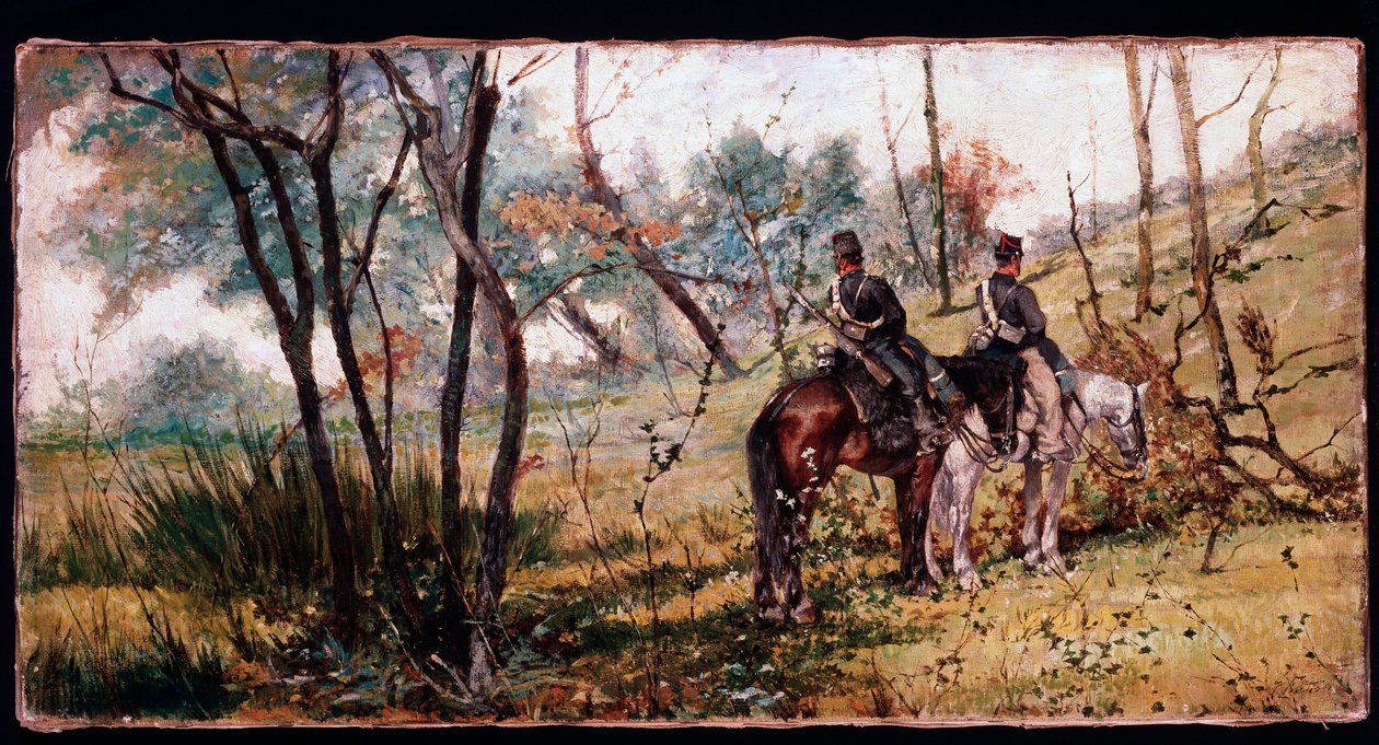 Dwóch żołnierzy jadących pod drzewami (Dwóch konnych) - Malarstwo autorstwa Giovanni Fattori
