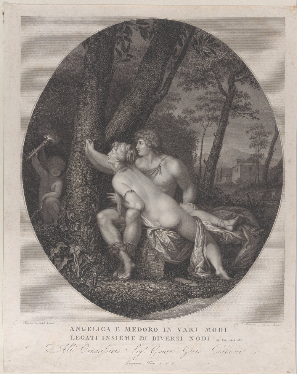 Angelica leży na kolanach Medoro i zapisuje ich imiona na pniu drzewa, 1784-1836. autorstwa Giovanni Folo