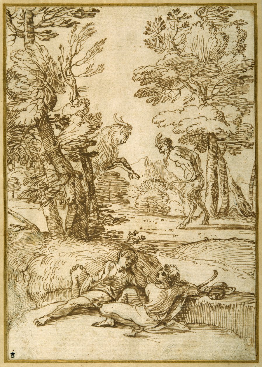 Pejzaż z odpoczywającymi dwoma pastuszkami, satyr i taniec kozy (pióro i atrament na papierze) autorstwa Giovanni Francesco Grimaldi