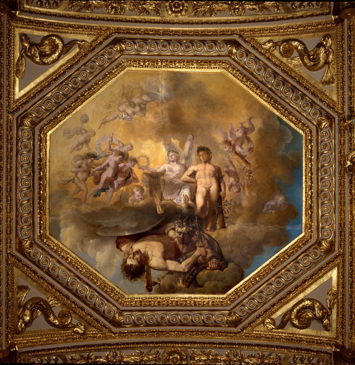 Persee zabija Meduzę. Obraz Giovanniego Romanelli (1601-1662) zdobiący sufit Sali Antoniny, sypialni letnich apartamentów królowej Anny (1601-1666). Około 1655-1658. Paryż, Luwr. autorstwa Giovanni Francesco Romanelli