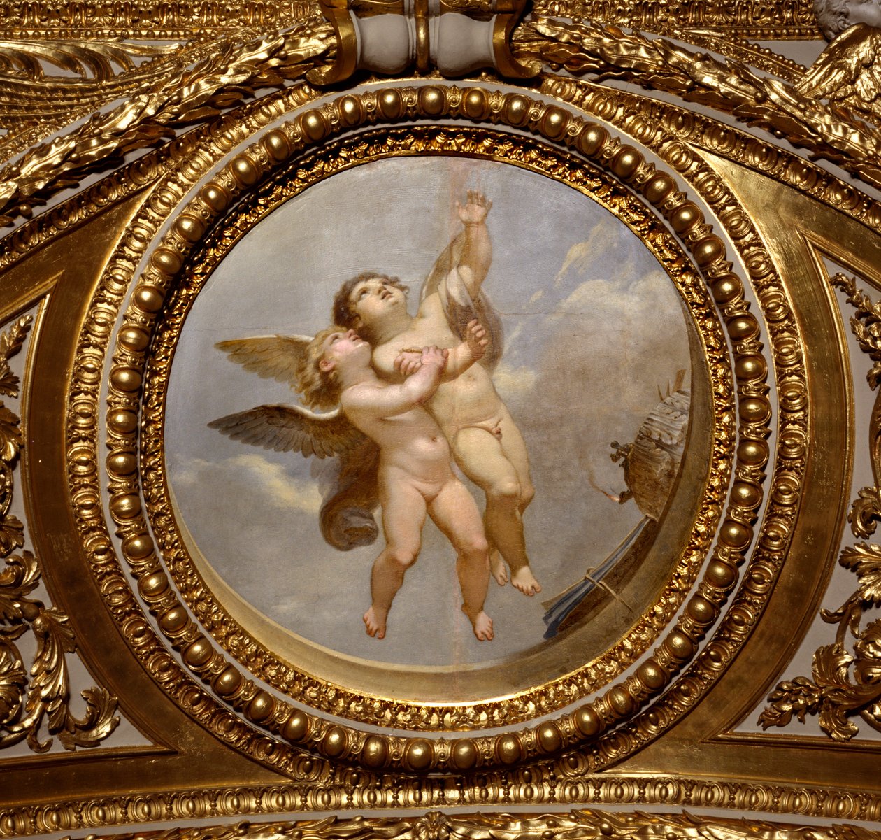 Miłość. Obraz Giovanniego Romanelli (1601-1662) zdobiący sufit Sali Antoniny, sypialni letnich apartamentów królowej Anny (1601-1666). Około 1655-1658. Paryż, Luwr. autorstwa Giovanni Francesco Romanelli