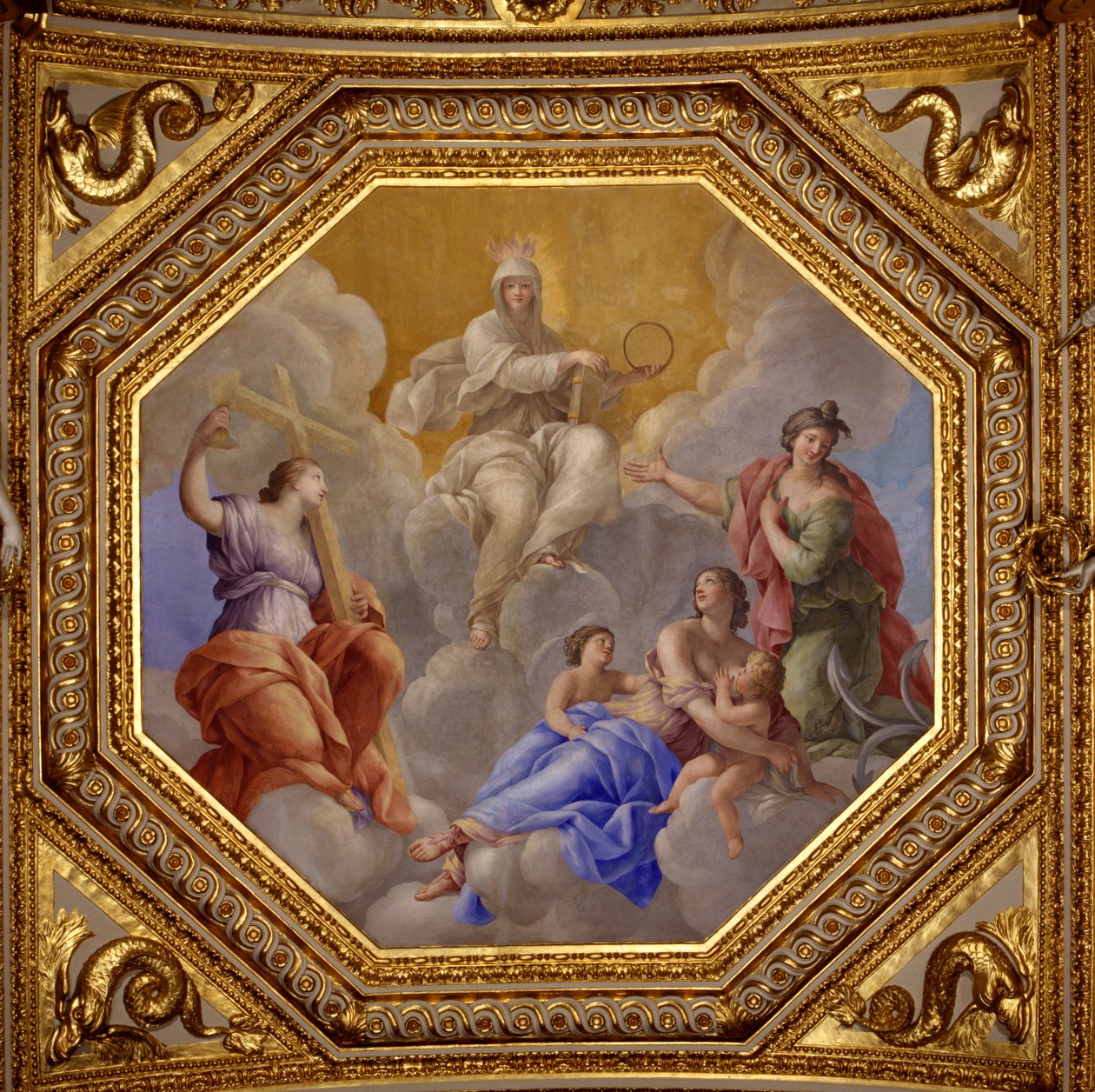 Religia i cnoty teologiczne (Wiara, Miłość, Esperance). Obraz Giovanniego Romanelli (1601-1662) zdobiący sufit Sali Antoniny, sypialni letnich apartamentów królowej Anny (1601-1666). Około 1655-1658. Paryż, Luwr Mus autorstwa Giovanni Francesco Romanelli
