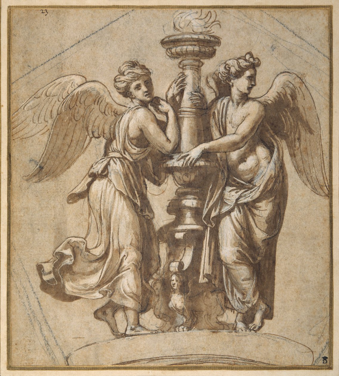Zwycięstwa obejmujące kandelabr (pióro i brązowy atrament z czarną kredą na papierze) autorstwa Giovanni Francesco (c.1488 1528) Penni