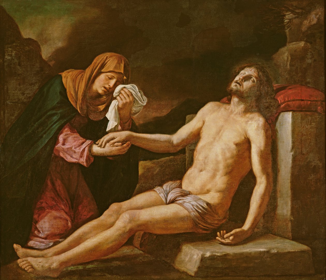 Jezus opłakiwany przez Dziewicę autorstwa Giovanni Francesco Barbieri