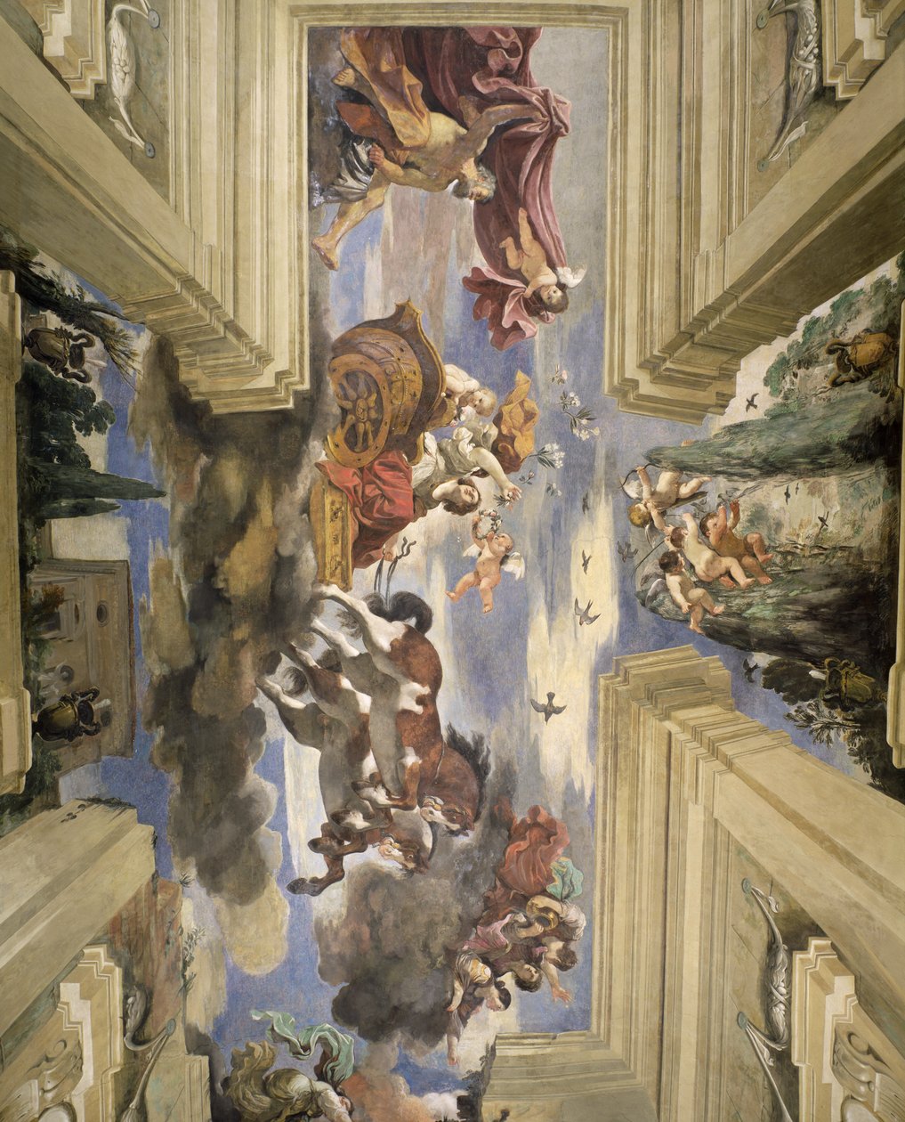 Sala di Aurora Sala Świtu Szczegół sufitu przedstawiający rydwan Świtu, 1621 tempera na desce autorstwa Giovanni Francesco Barbieri