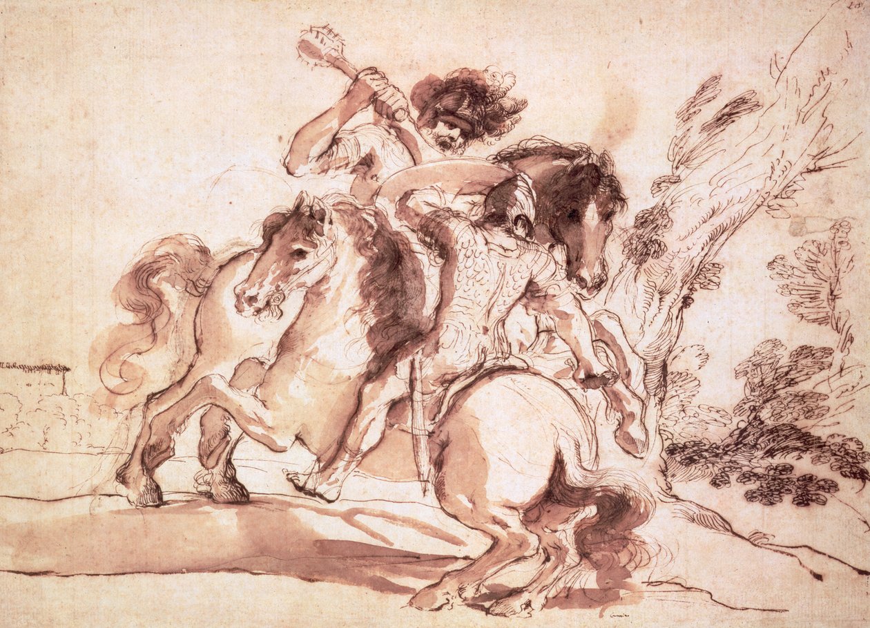 Dwóch jeźdźców walczących (pióro i atrament i pranie na papierze) autorstwa Giovanni Francesco Barbieri