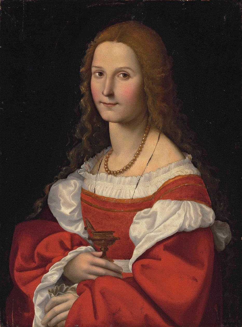 Portret damy jako Marii Magdaleny, półdługi, w czerwonej sukni i naszyjniku z pereł autorstwa Giovanni Francesco Caroto