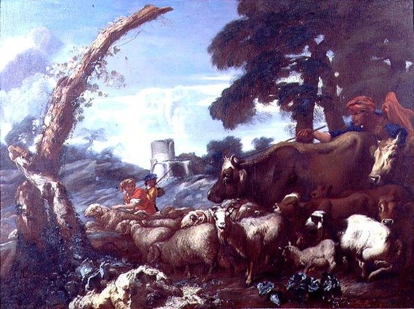Parobkowie z bydłem i owcami autorstwa Giovanni Francesco Castiglione