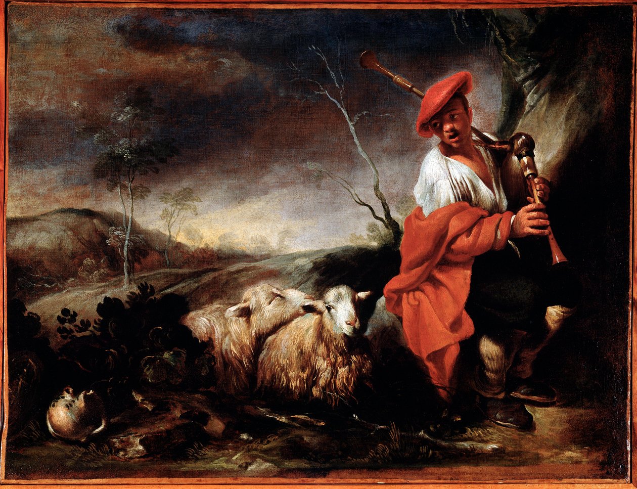 Pasterz grający na dudach ze swoimi owcami Obraz Giovanniego Francesco Castiglione (1641 / 42-1716) Genes, Musei di Strada Nuova (ex Palazzo Bianco) autorstwa Giovanni Francesco Castiglione
