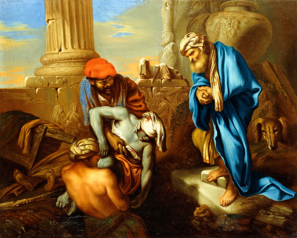 Tobit grzebanie zmarłych wbrew rozkazom Sennacheryba, autorstwa Giovanni Francesco Castiglione