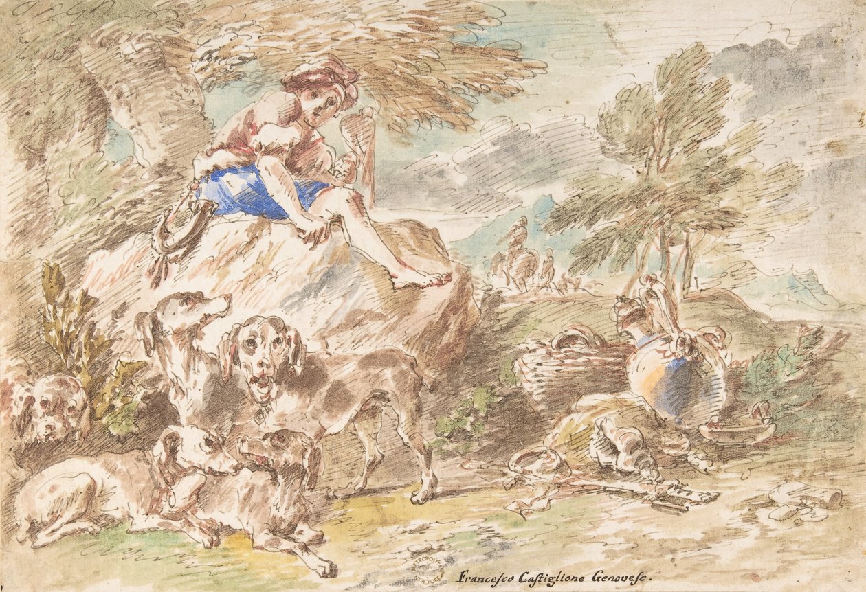 Młody myśliwy ze swoimi psami w krajobrazie, 1641-1710. autorstwa Giovanni Francesco Castiglione