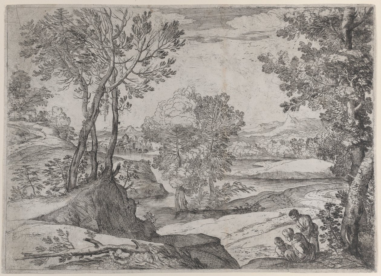Rodzina siedząca nad rzeką, 1643 r. autorstwa Giovanni Francesco Grimaldi