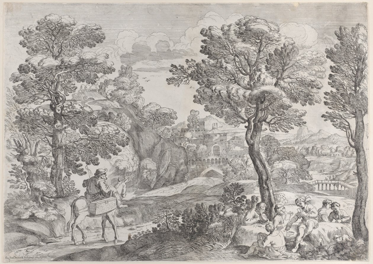 Grupa ludzi grających w karty po prawej i mężczyzna na koniu po lewej, 1626-80. autorstwa Giovanni Francesco Grimaldi