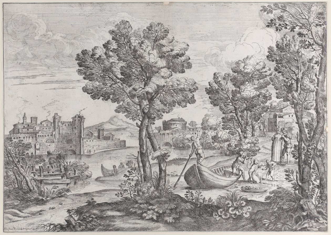 Pejzaż z mężczyzną trzymającym węża do przerażonego dziecka, obserwowany przez modną dre..., 1626-80. autorstwa Giovanni Francesco Grimaldi