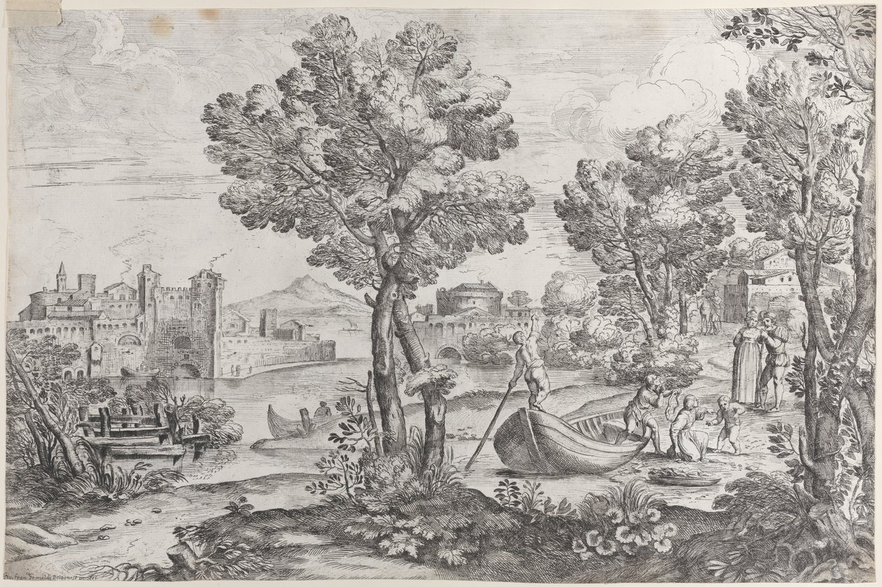 Pejzaż z mężczyzną trzymającym węża do przerażonego dziecka, obserwowany przez modną dre..., 1626-80. autorstwa Giovanni Francesco Grimaldi