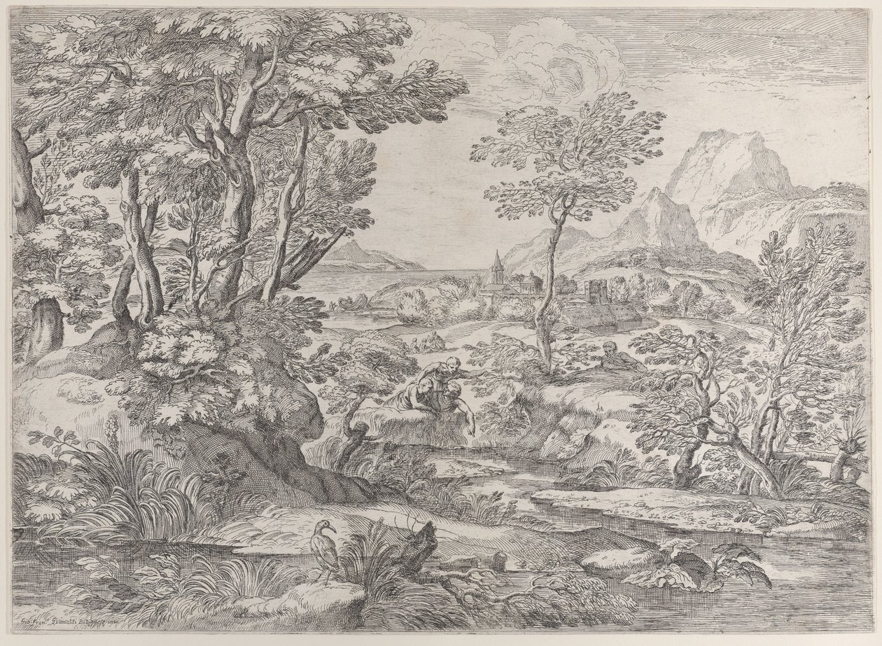 Trzech chłopców w krajobrazie z miastem w tle, 1626-80. autorstwa Giovanni Francesco Grimaldi