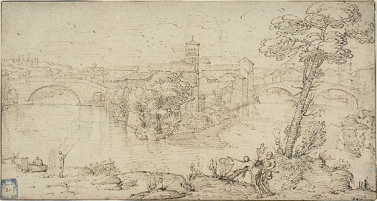Widok na Isola Tiberina autorstwa Giovanni Francesco Grimaldi