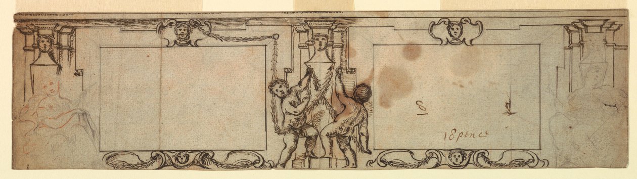 Rysunek, projekt rzeźbionej boazerii, 1650 r. autorstwa Giovanni Francesco Romanelli