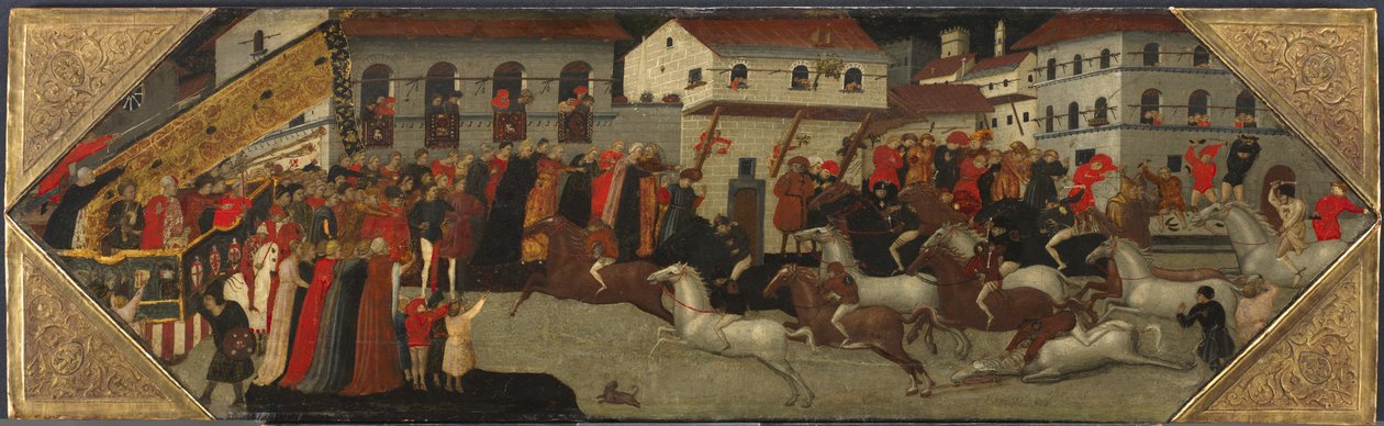 Panel z Cassone: Wyścig Palio na ulicach Florencji, 1418 autorstwa Giovanni Francesco Toscani