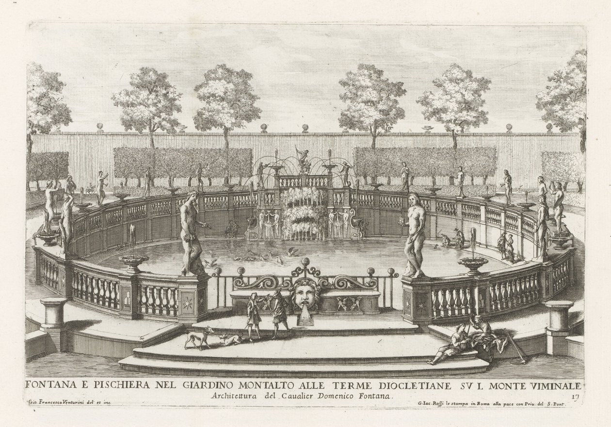 Fontanna i staw rybny w ogrodach Villa Montalto w Rzymie Fontana e pischiera nel giardino Montalto alle Terme Diocletiane (...) (tytuł obiektu) Le fontane ne palazzi e ne giardini di Roma (tytuł serii) Fontanny w pałacach i ogrodach Ro autorstwa Giovanni Francesco Venturini