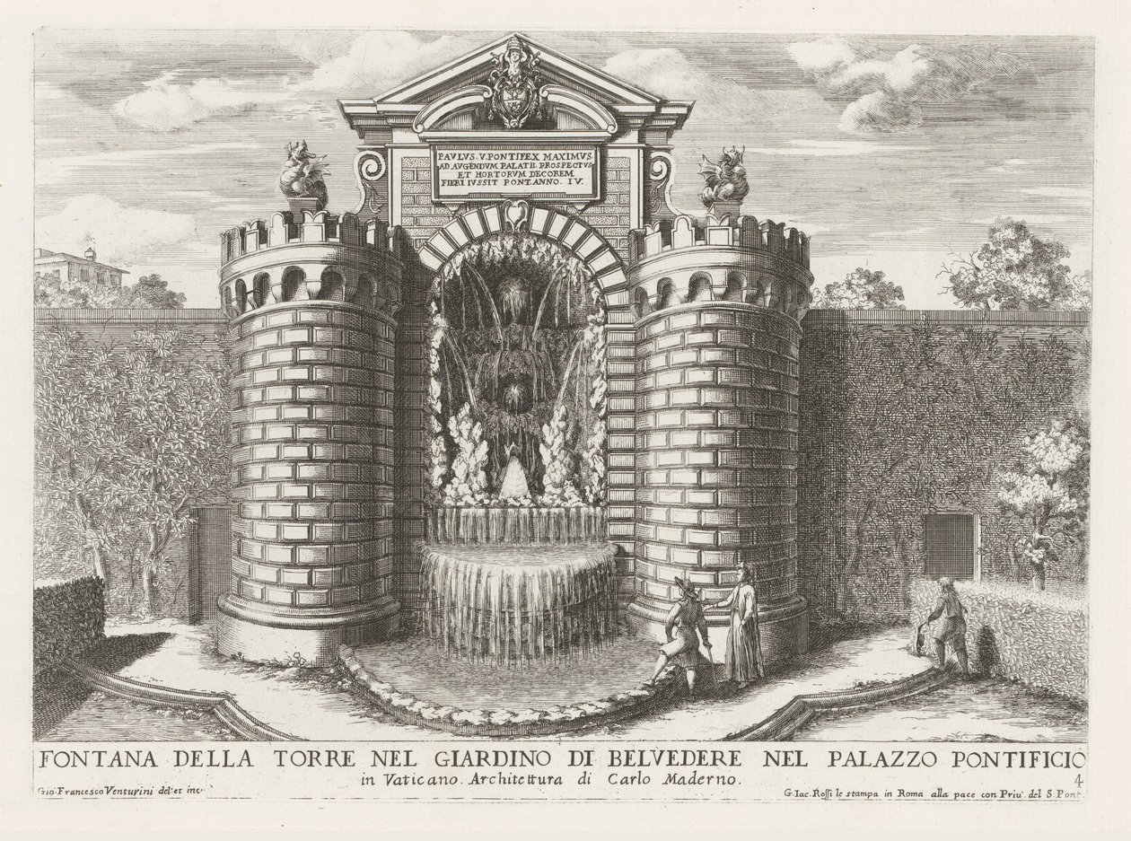 Fontein in de Vaticaanse tuinen Fontanna na wieży w ogrodzie Belweder w Pałacu Papieskim (...) (tytuł na obiekcie) Fontanny w pałacach i ogrodach Rzymu (tytuł serii) Fonteinen in de paleizen en tuinen van Rome (tytuł serii) autorstwa Giovanni Francesco Venturini