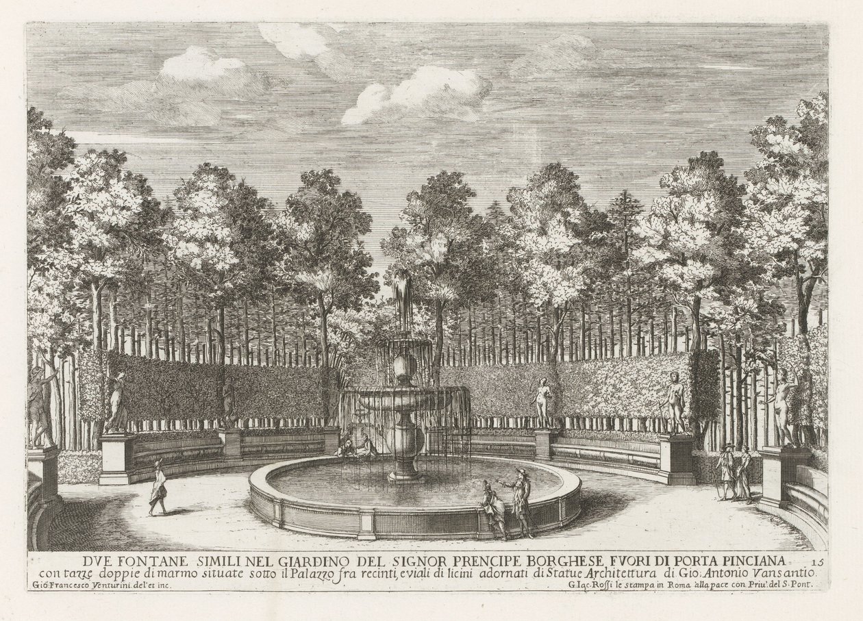 Fontein in de Villa Borghese w Rzymie Dwie podobne fontanny w ogrodzie signora prencipe Borghese (...) (tytuł na obiekcie) Fontanny w pałacach i ogrodach Rzymu (tytuł serii) Fonteinen in de paleizen en tuinen van Rome (tytuł serii) autorstwa Giovanni Francesco Venturini