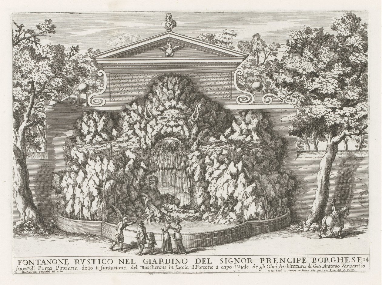 Fontein in de Villa Borghese w Rzymie Rustykalna fontanna w ogrodzie pana prencipe Borghese (...) (tytuł na obiekcie) Fontanny w pałacach i ogrodach Rzymu (tytuł serii) Fonteinen in de paleizen en tuinen van Rome (tytuł serii) autorstwa Giovanni Francesco Venturini