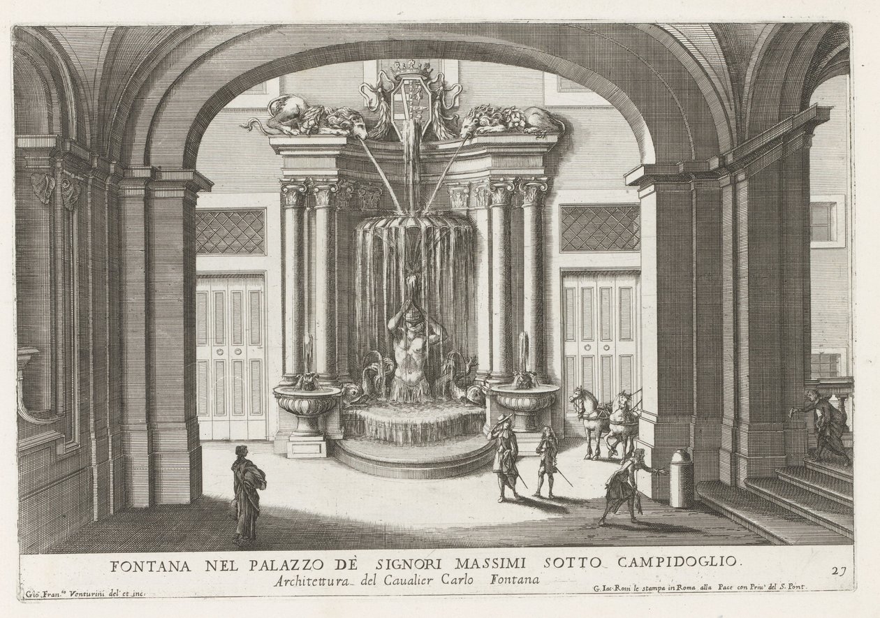 Fontein in de binnenplaats van het Palazzo Massimo di Rignano te Rome Fontanna w Palazzo de Signori Massimi pod Campidoglio (tytuł na obiekcie) Fontanny w pałacach i ogrodach Rzymu (tytuł serii) Fonteinen in de paleizen en tuinen van Rome (poważne autorstwa Giovanni Francesco Venturini