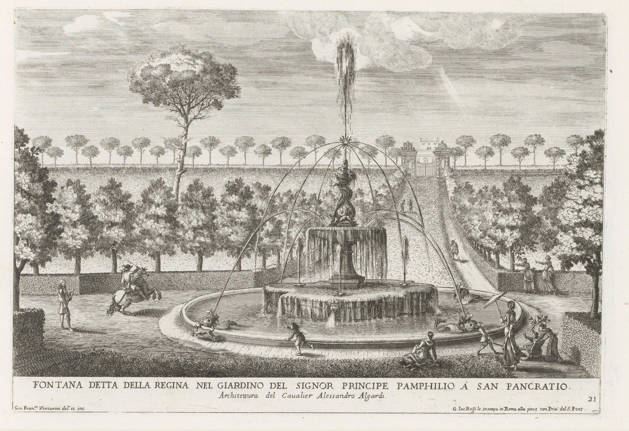 Fontein in de tuinen van Villa Doria Pamphilj te Rome Fontanna zwana królową w ogrodzie księcia Pamphilio w San Pancratio (tytuł na obiekcie) Fontanny w pałacach i ogrodach Rzymu (tytuł serii) Fonteinen in de paleizen en tuinen v autorstwa Giovanni Francesco Venturini