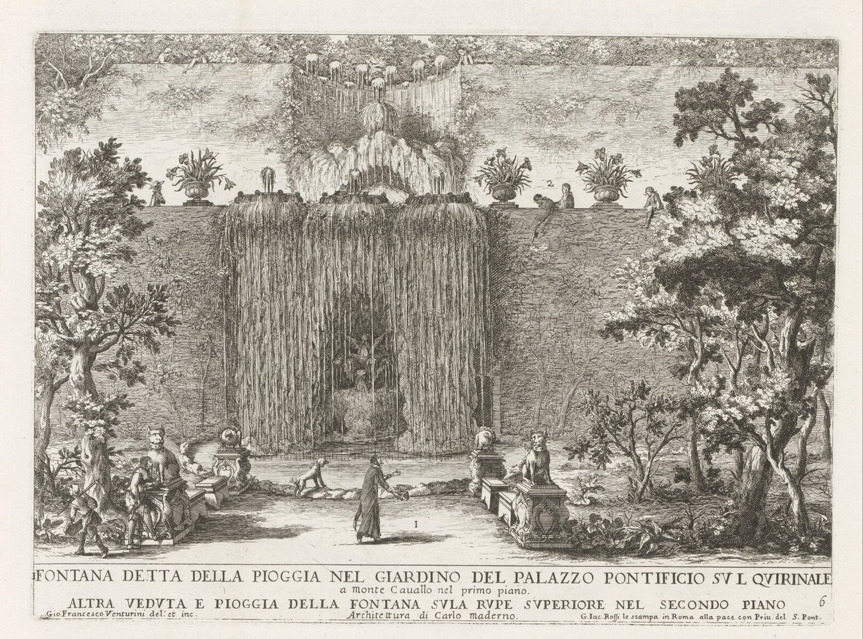 Fontein in de tuinen van het Quirinal Palace te Rome Fontanna zwana deszczem w ogrodzie pałacu papieskiego na Kwirynale (...) (tytuł na obiekcie) Fontanny w pałacach i ogrodach Rzymu (tytuł serii) Fonteinen in de paleizen en tuine autorstwa Giovanni Francesco Venturini